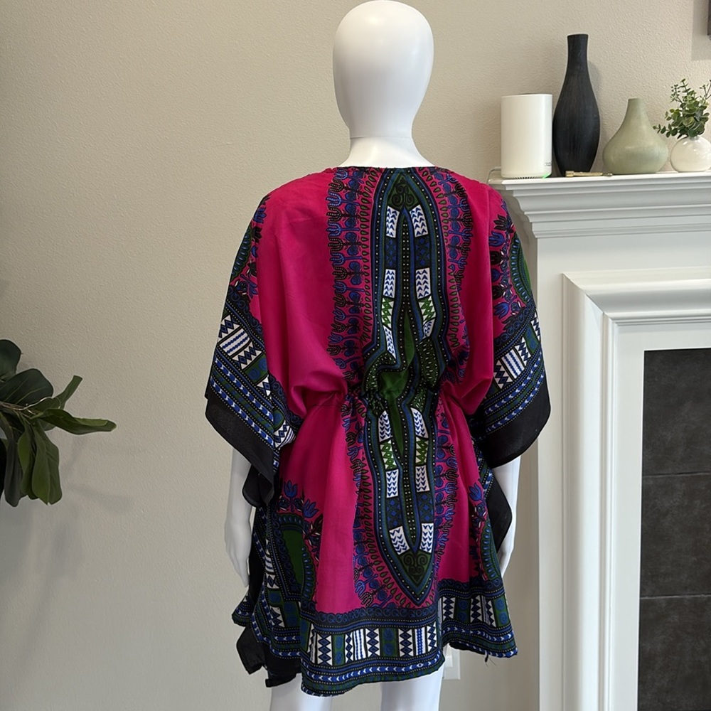 California Woman Aztec Border Patterned Caftan Beach Cover Up Drawstring Waist - Picture 8 of 13